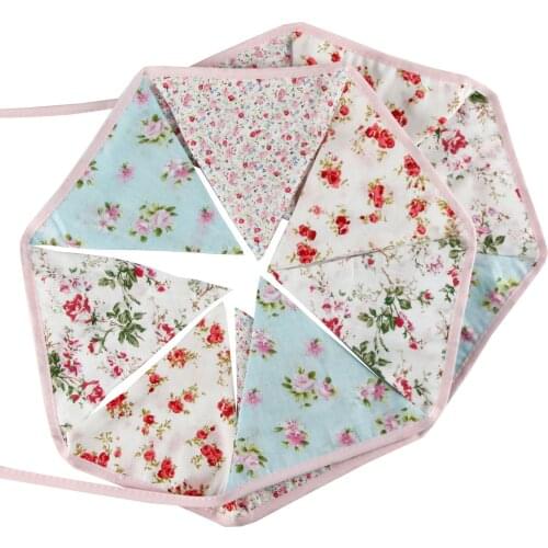 Pink Floral 100% Cotton Bunting Banner for Girls Shabby Chic Wedding Birthday Decoration