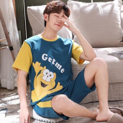 Loose O-Neck Pyjamas Pijamas Suit Summer Men Cotton Sleepwear Nightwear Print Cartoon Pajamas Set Plus Size 3XL Male Homewear