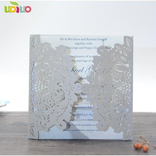 Unique silver gray laser cut invitation card for wedding and party decoration lace fancy pearl paper invitation card model 50pcs