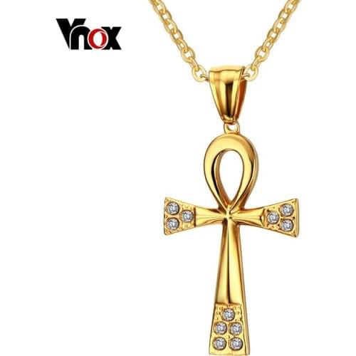 Vnox Brand Ankh Necklace & Pendant The Key of the Nile Gold-color Chain for Women/Men Jewelry CZ Stone Egyptian Cross Necklace