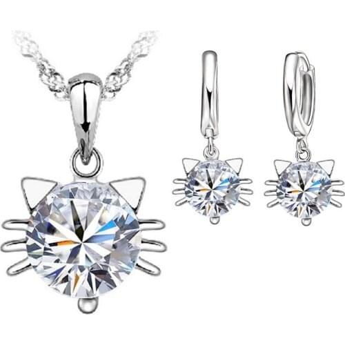 Animal Cut Silver Austrian Crystal Jewelry Sets For Women Cats Pendant Necklace Hoop Earring Set For Kids