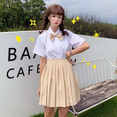 Japanese loli POLO collar short sleeve wild shirt high waist plaid pleated skirt lead knot JK uniform female summer