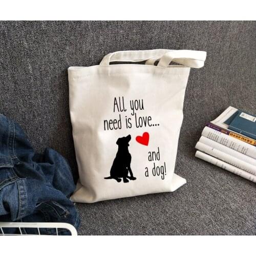 All You Need Is Love and A Dog Print Women Shopping Tote Bag Dog Lover Canvas Shoulder Bags Large Capacity White Totes Dog Mom