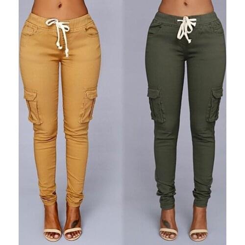 Spring Summer Women Pants Ladies Multi-bag Drawstring Tie Casual Pants Solid Color High Waist Pants Female Long Trousers