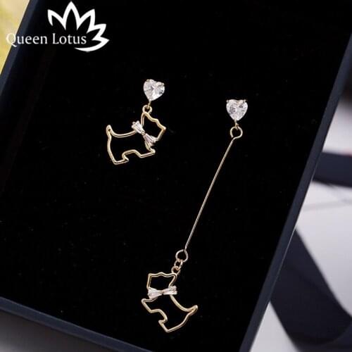Queen Lotus 2018 New Women Korean Earrings Stud Heart Crystal Earrings Asymmetric Dogs Cute Drop Earrings Jewelry Earring Trendy