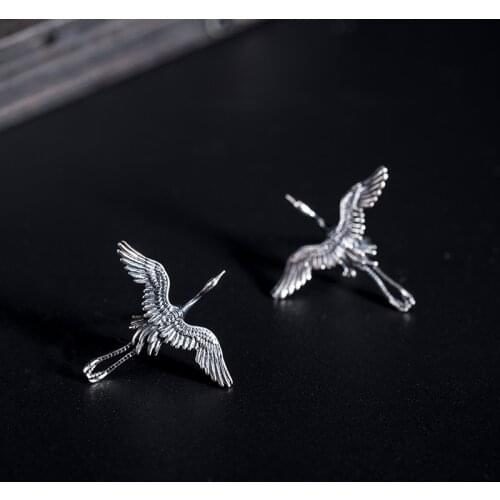 VLA 925 Silver Retro Simple Black Animal Earrings Female Chinese Style Lovely Flying Red Crowned Crane Earrings