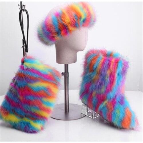 Womens Winter Faux Fox Fur High Snow Boots Shoes Sets Fluffy Furry Rain Headbands Woman Warm Plush Fur Boots Ladies Fur Bags 43