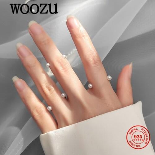 WOOZU Genuine 925 Sterling Silver Simple Pearl Smile Opening Adjustable Ring for Fashion Women Chic Korean Party Jewelry Gift
