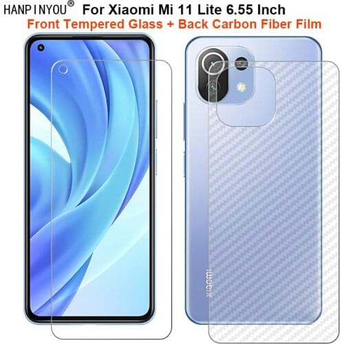 For Xiaomi Mi 11 Lite 6.55" 1 Set = Soft Back Carbon Fiber Film +Ultra Thin Clear Tempered Glass Front Screen Protector