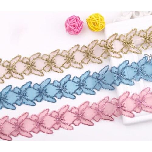 10Yards Gold Pink Blue Embroidery Lace Fabric Mesh Ribbon Butterfly Guipure Trim DIY Garment Dress Curtain Sewing Accessories