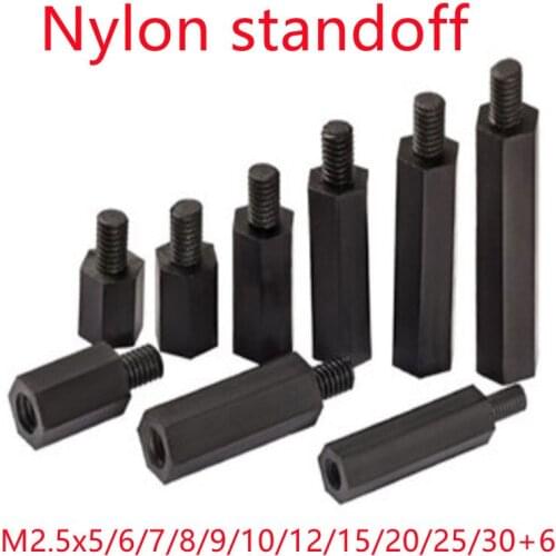 50Pcs Nylon standoff M2.5*5/6/7/8/9/10/12/15/18/20/25/30+6 Black Hex Nylon Spacer