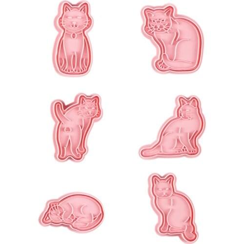 6 Pcs Cute Cat Cookie Cutters Fondant Cutters Plunger Cookie Stamps Baking Mold Cake Decorating Tool LXAF