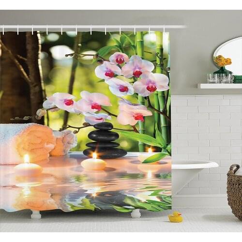 Spa Decor Composition Spa with Candles Orchids and Stones in Garden Picture Pattern Polyester Fabric Bathroom Shower Curtain