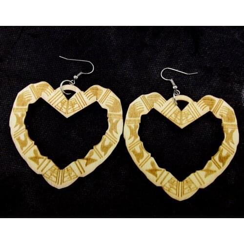 Engraving Heart Wood Dangle Earrings