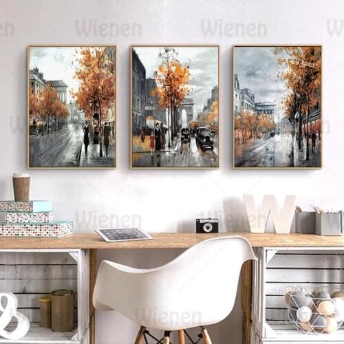 Oil Painting Abstract Scenery Poster Paris Street Arc De Triomphe Sycamore Tree Wall Art Picture Home Decor Living Room Mural