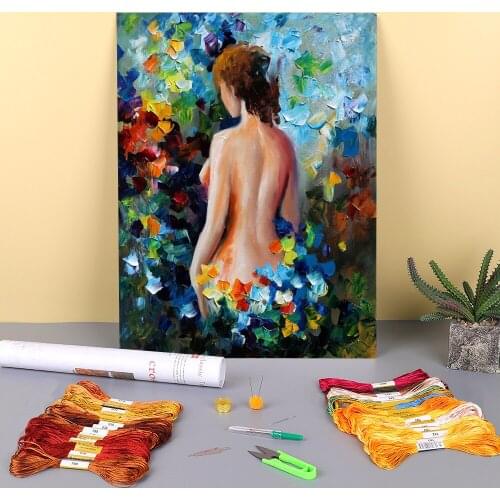 Oil Painting Style Nude Printed Water-Soluble Canvas 11CT Cross Stitch Embroidery Full Kit DMC Threads Hobby Needle