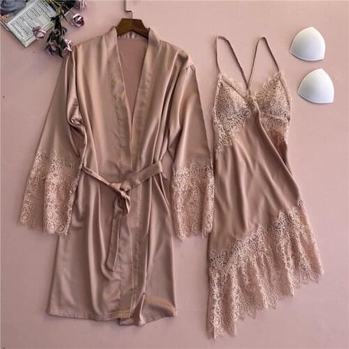 Spring Summer Lace Satin Gown Sleepwear Sexy Kimono Bathrobe Gown For Women 2PCS Robe Set Large Size Nightgown