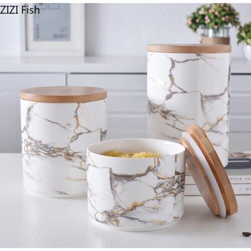 Creative Nordic style Marble ceramics Wooden cover Sealed jar Storage Storage organization seasoning tea Food storage tank
