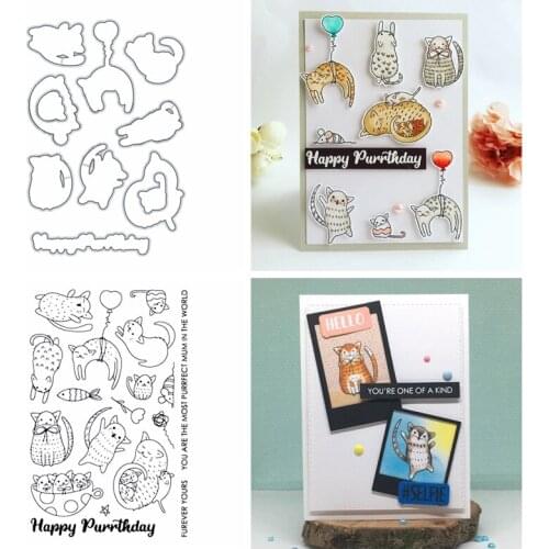 Cats Rat Fish Mum Kids Metal Cutting Dies & Clear Stamps Happy Purrthday Sentiments DIY Craft Making Template 2020 New