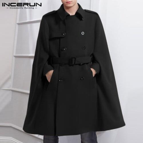 Fashionable New Mens Overcoat Korean Style Belt Male Loose Buttons Cape Jackets Solid Color Comfortable Cape Coat S-5XL INCERUN