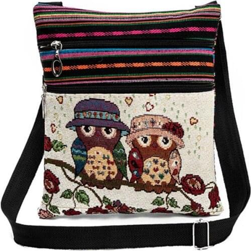 Fashion Ethnic Style Women Messenger Bags Dual Zipped Cartoon Owl Embroidered Shopping Dating Ladies Girls Shoulder Bag New