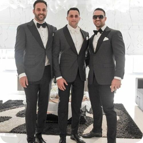 Latest Designs Grey Groom Tuxedos Black Peaked Lapel Men Suits for Wedding Suits Man Blazers Coat Pants 2Piece Costume Homme