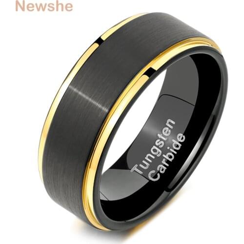 Newshe Mens Tungsten Carbide Rings 8mm Black Golden Line Ring Wedding Band For Him Charm Jewelry Size 9-12 TRX054