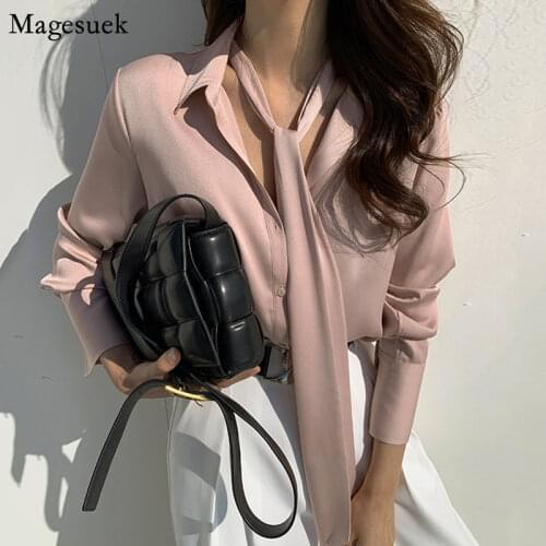 New Korean Casual Chiffon Shirts For Women Tie Vintage Long Sleeve Blouse Women Plus Size Loose Tops Women Clothing Blusas 13335