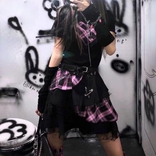 New Gothic Harajuku Rock Lace Cake Skirts Pink Plaid Fashion Sweet Girl Punk Chain High Waist Mini Kawaii Short Skirts Girls