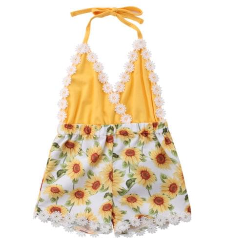 Newborn Baby Girls Clothing Sunflower Romper Sleeveless V Neck Halter Backless Jumpsuit Outfits Clothes Baby Girl 3M-5T