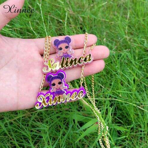 Personalized Name Custom Jewelry set Cute Diva Lol Character Necklace Bracelets bamboo hoops Kids Children Jewelry Party gift