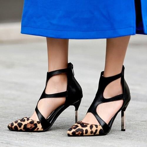 PXELENA Leopard Gladiator Sandals Women Super High Heel T tied Cut Out Pointed Toe Party Nightclub Date Rome Sandals Shoes 34-43