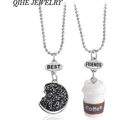 QIHE JEWELRY 2pcs/set Kawaii Cookie And Coffee Best Friend Necklace Friendship Necklace Miniature Food Besties Jewelry BFF Gift