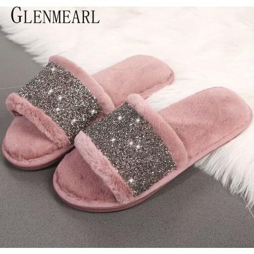 Indoor Shoes Women Slippers Flat Winter Warm Soft Non Slip Ladies Slippers Diamond Home Slippers Female Plush Shoes DE