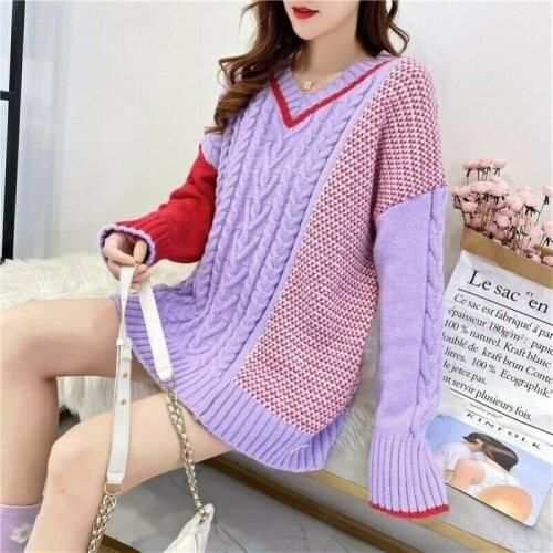 Women Splice Sweater Jumper Cable Knit V Neck Kintwear Winter Warm Loose
