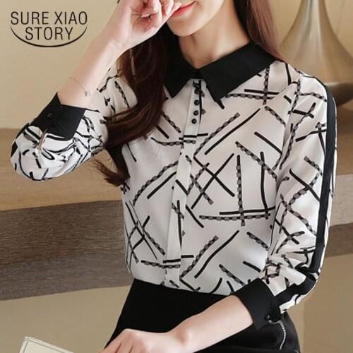 2020 Autumn New Korean Style All-match Slim Design Women Shirt Elegant Printing Color Contrast Long Sleeve Chiffon Blouse 10757