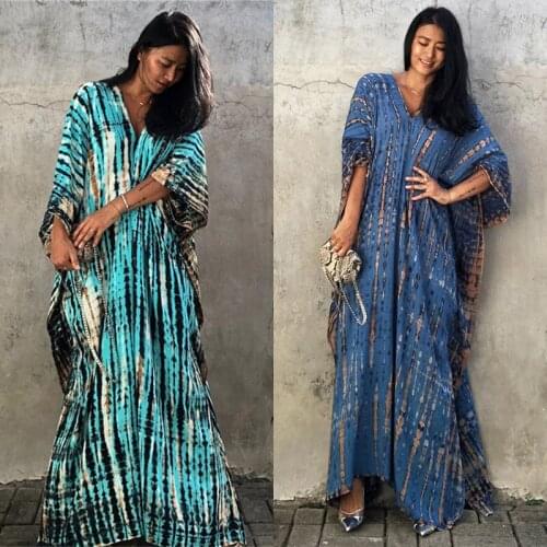 Women Plus Size Swimwear Turkish Kaftans Dress Stripe Print Oversize V Neck Kimono Maxi Caftan Beach Long Dress Bikini Cover Ups