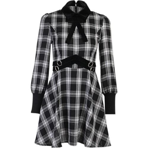 Womens Gothic Plaid Mini Dress Japanese Button Decoration Velvet Bow Retro 50s Sundress Winter A-Line Grunge Punk Party Dresses