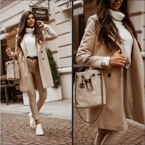Fashion Slim Solid Color Lapel Mid-length Button Womens Coat Jacket Autumn 2020 Coat Long Outerwear Fit Coats Winter Thin