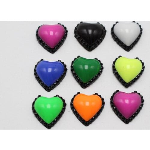 100 Mixed Enamel Color Black Dotted Rhinestone Flatback Acrylic Heart Cabochons 12mm