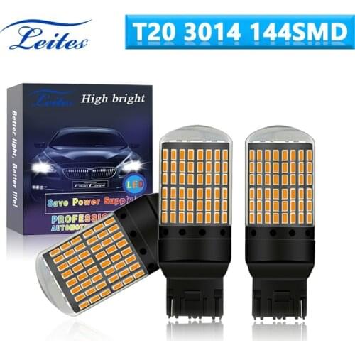 2pcs No Hyper Flash T20 7440 W21W LED Bulbs 3014 Chips 144 SMD LED Lights For Car Auto Brake Stop Lamp Reverse Light Bulbs Amber