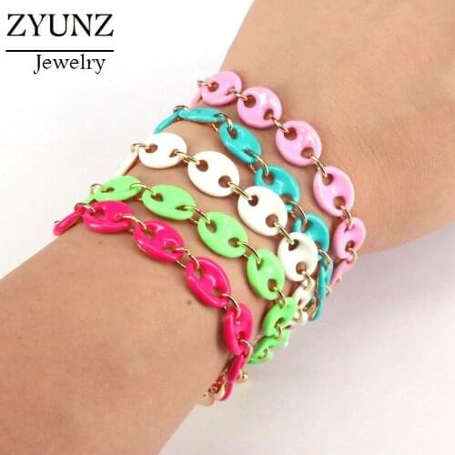 4PCS, Colorful Women Bracelet Geometric Neon Enamel Mask Shaped Link Chain Bracelets 2020 Copper Jewelry