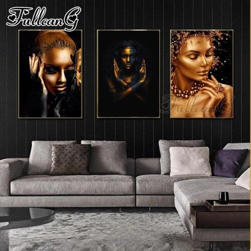 FULLCANG 5d diy diamond embroidery black Gold Nude African Woman diamond painting triptych full square round drill decor FC3378