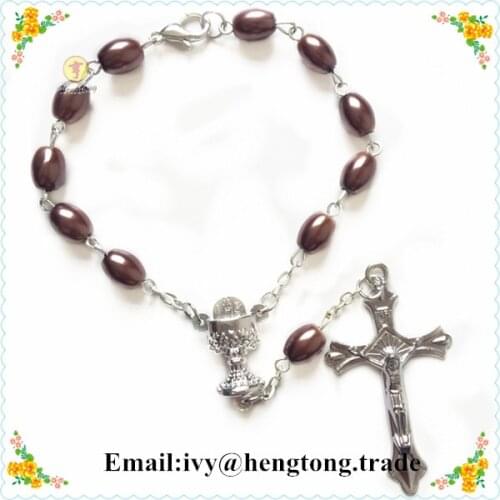 Freeshipping 10pcs/pack oval brown glass imitation pearl beads rosary bracelet, religious rosary bracelet with Chalice center