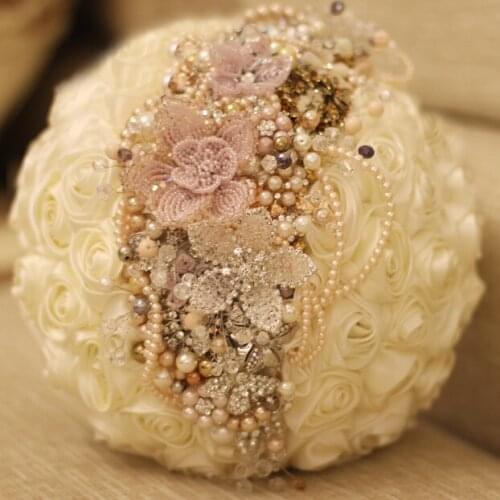 Handmade custom ivory roses brooch bouquet crystal wedding bridal bouquet wedding decorations props,Bridesmaid brides bouquets