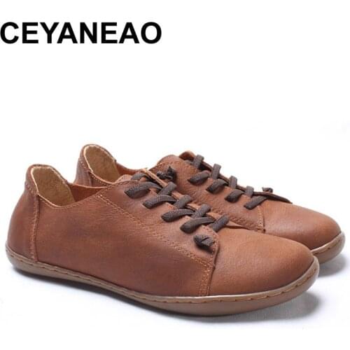 CEYANEAO Women Shoes Flat 100% Authentic Leather Plain toe Lace up Ladies Shoes Flats Woman Moccasins Female Footwear (5188-6)
