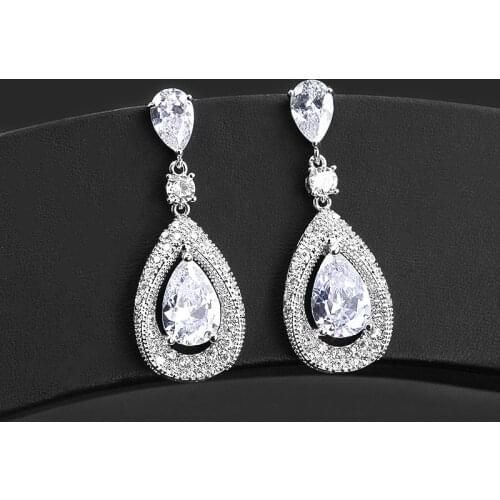 Big Water Drop Cubic Zirconia Crystal Bridal Long Drop Earrings Fashion Women Wedding Jewelry For Brides