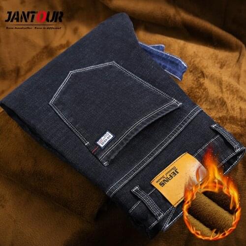 Winter Mens Warm Jeans Classic Thicken Denim Elastic Slim Fit Black Jean Pants Male Brand Casual Business Blue Black Trousers