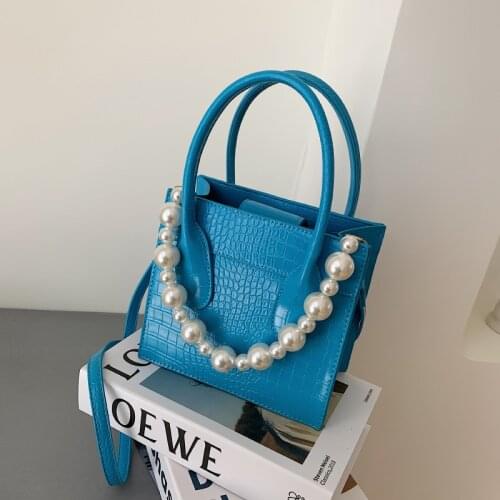 FANTASY Square Crocodile Pattern Big Handbags For Women Pearl Chain 2021 Summer Newest Brand Luxury Blue Messenger Shoulder Bag