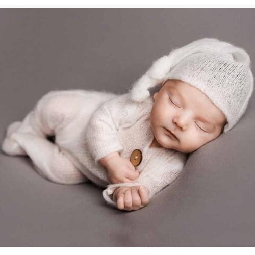 2 Pcs Mohair Baby Romper Hat Set Newborn Photography Props Knitted Wool Bodysuit Long Tail Cap Kit Infants Photo Shooting Clothe